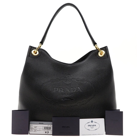 Prada Hobo Shoulder Bag Embossed Logo Vitello Phenix Black Leather New - Picture 4 of 6